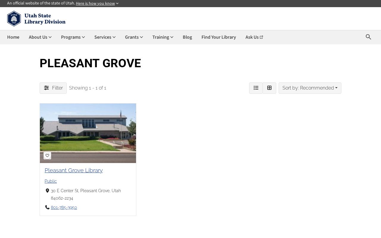 Pleasant Grove people directories source entry for the local public library