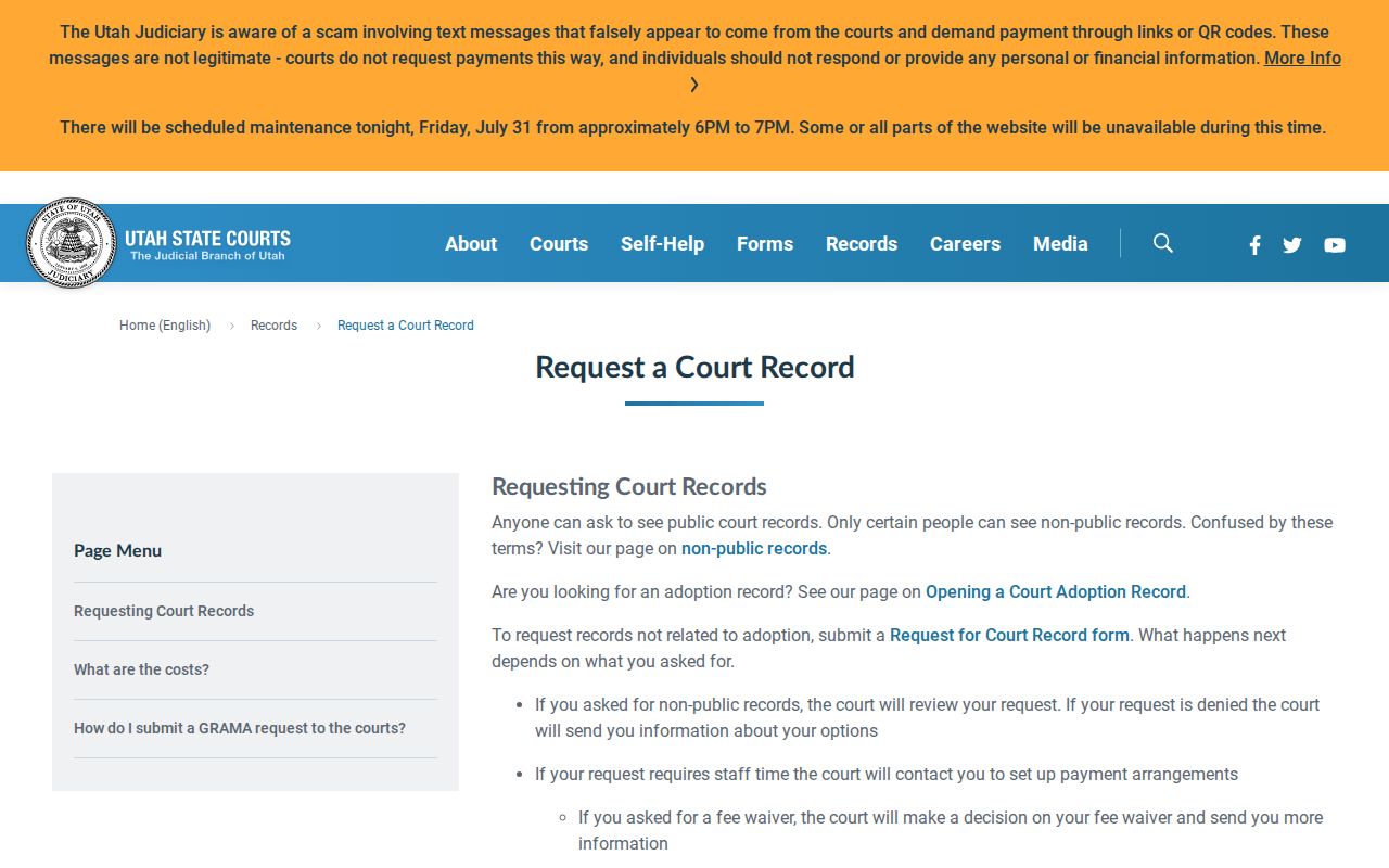 Pleasant Grove public records request instructions from Utah Courts