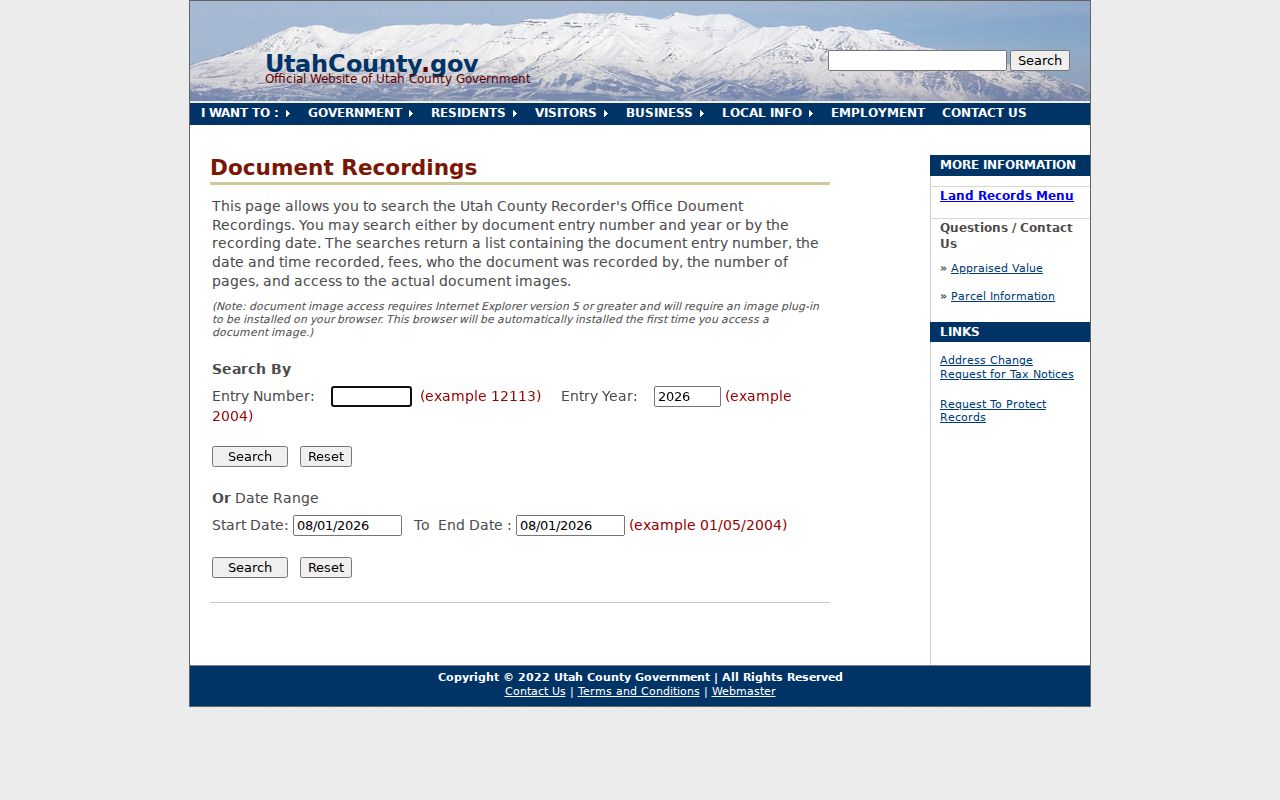 Pleasant Grove public records entry and date search at the Utah County Recorder
